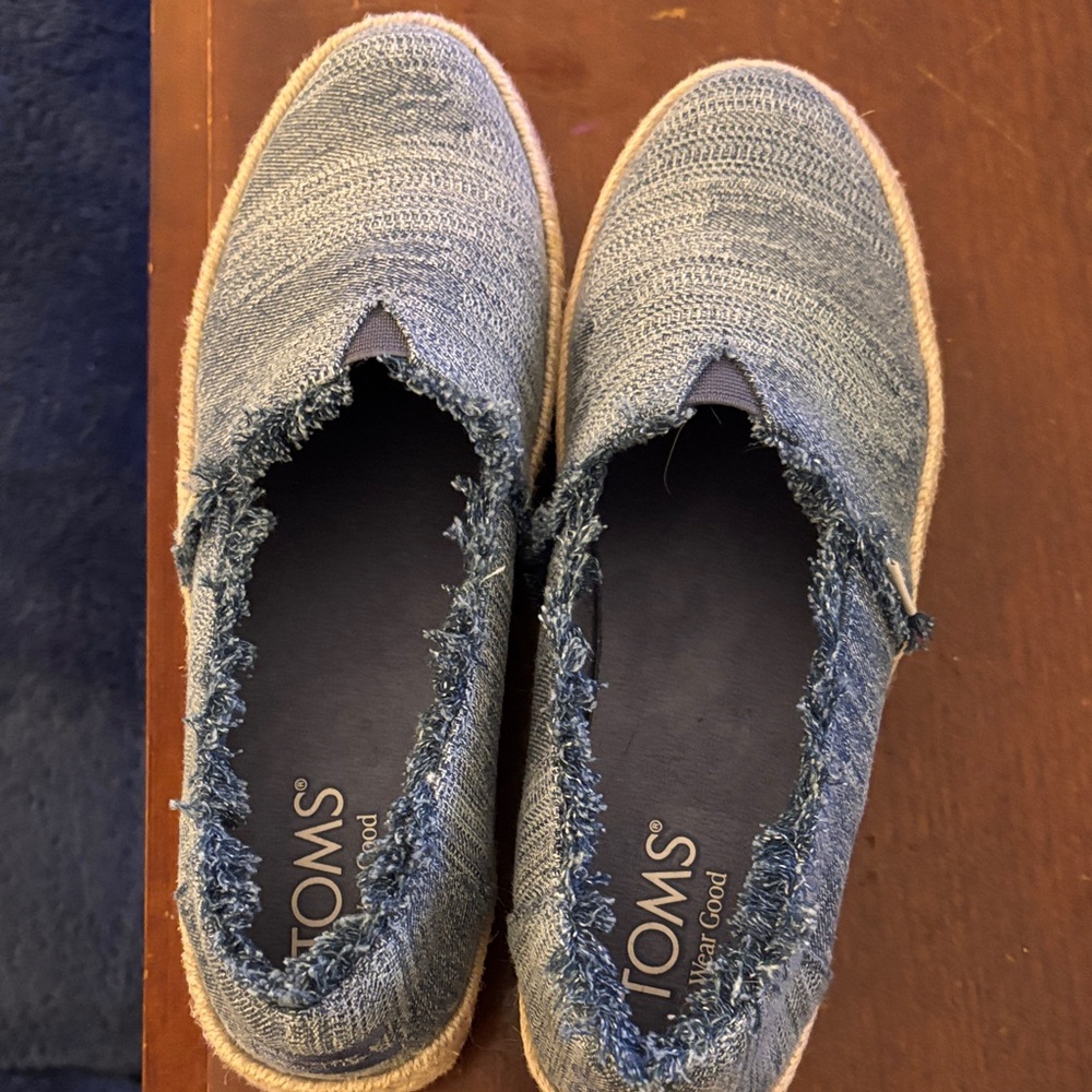 TOMS Denim Blue Frayed Slip-Ons
